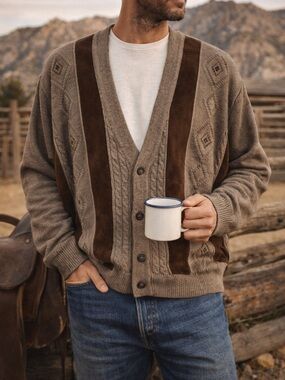 Italian Wool Leather Panel Cardigan Western Ranch Vintage Norm Thompson